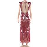 Sexy Shiny Deep V-Neck Slit Backless Dress with Ruffle Trim DLS-89114