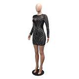 Fashionable Round-Neck Rhinestone-Embellished Slim-Fit Long-Sleeve Short Dress CYA-9021991
