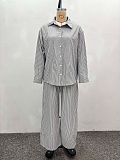 Casual Long-Sleeved Striped Shirt and High-Waisted Contrast Color Wide-Leg Pants Two-Piece Set QZ-6455