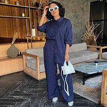 Stylish and Casual Long-sleeved Shirt and Trousers Two-piece Set With Stripes QZ-6081