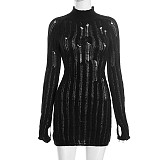 Solid Color Slim-Fit Mock Neck Cutout Long-Sleeve Fingerless Knitted Dress RS-25DS494