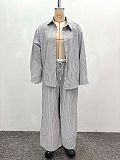 Casual Long-Sleeved Striped Shirt and High-Waisted Contrast Color Wide-Leg Pants Two-Piece Set QZ-6455