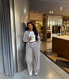 Casual Long-Sleeved Striped Shirt and High-Waisted Contrast Color Wide-Leg Pants Two-Piece Set QZ-6455