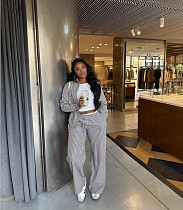 Casual Long-Sleeved Striped Shirt and High-Waisted Contrast Color Wide-Leg Pants Two-Piece Set QZ-6455