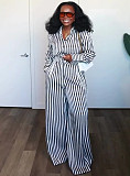 2025 Fashionable Striped Slimming Top and High-Waisted Wide-Leg Pants Set QZ-7531