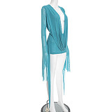 Sexy Mesh Halter Neck Flared Long-Sleeved Backless A-line Dress RS-25DS222
