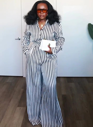 2025 Fashionable Striped Slimming Top and High-Waisted Wide-Leg Pants Set QZ-7531