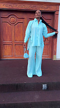 Casual Solid-color Lapel Shirt and Trousers Two-piece Set With Open Back Design QZ-7707
