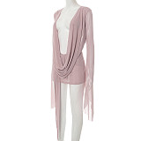 Sexy Mesh Halter Neck Flared Long-Sleeved Backless A-line Dress RS-25DS222