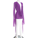 Sexy Mesh Halter Neck Flared Long-Sleeved Backless A-line Dress RS-25DS222