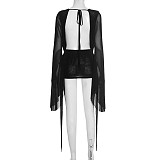Sexy Mesh Halter Neck Flared Long-Sleeved Backless A-line Dress RS-25DS222