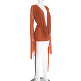 Sexy Mesh Halter Neck Flared Long-Sleeved Backless A-line Dress RS-25DS222