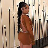 Sexy Mesh Halter Neck Flared Long-Sleeved Backless A-line Dress RS-25DS222