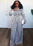 2025 Fashionable Striped Slimming Top and High-Waisted Wide-Leg Pants Set QZ-7531