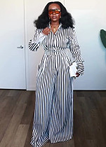 2025 Fashionable Striped Slimming Top and High-Waisted Wide-Leg Pants Set QZ-7531