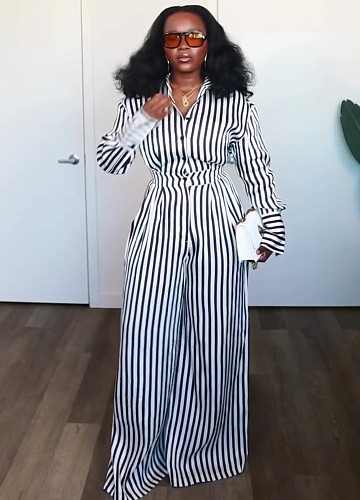 2025 Fashionable Striped Slimming Top and High-Waisted Wide-Leg Pants Set QZ-7531