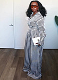 2025 Fashionable Striped Slimming Top and High-Waisted Wide-Leg Pants Set QZ-7531
