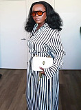 2025 Fashionable Striped Slimming Top and High-Waisted Wide-Leg Pants Set QZ-7531