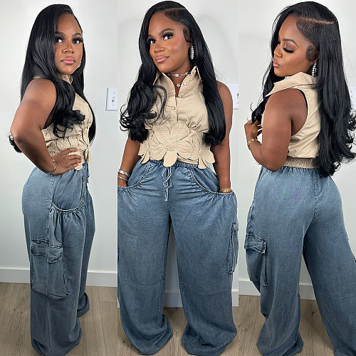 2025 Casual Elastic Waist Drawstring Multi-Pocket Straight-Leg Jeans RS-50610