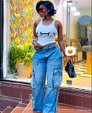 Stylish Multi-pocket Workwear-style Straight-leg High-waisted Jeans RS-60111