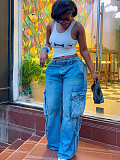 Stylish Multi-pocket Workwear-style Straight-leg High-waisted Jeans RS-60111