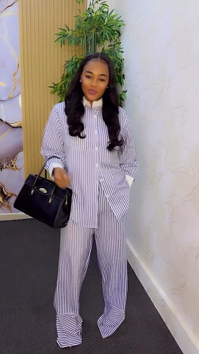 2025 New Collection Striped Shirt and Pants Set QZ-7097