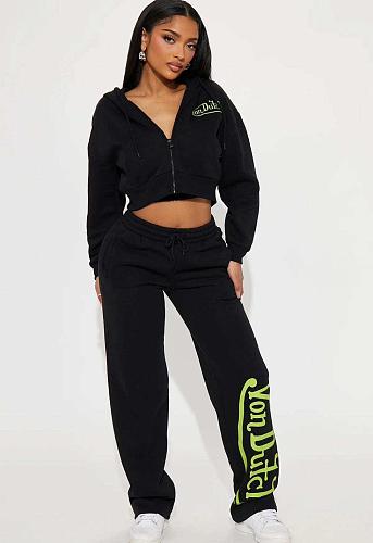 Casual Cardigan Sweatshirt and Drawstring High-Waisted Pants Set FC-1443