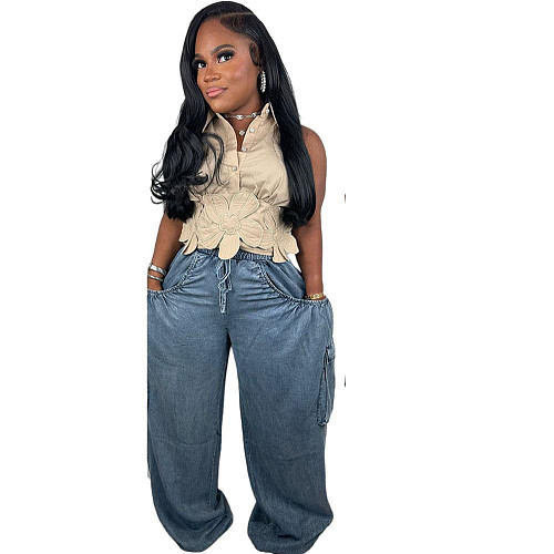 2025 Casual Elastic Waist Drawstring Multi-Pocket Straight-Leg Jeans RS-50610