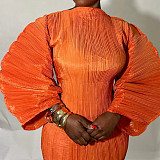 Fashion Pleated Round Neck Lantern Sleeve Pleated Dress YF-10977