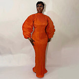 Fashion Pleated Round Neck Lantern Sleeve Pleated Dress YF-10977