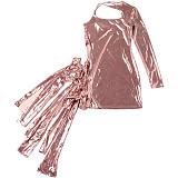 Fashionable Glossy Single-Sleeve Patchwork Tie-Waist Slim-Fit Dress SXE-90439