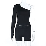 Sexy Off-Shoulder Long-Sleeve Sports Crop Top and Shorts Set SUM-25427
