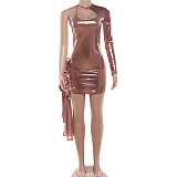 Fashionable Glossy Single-Sleeve Patchwork Tie-Waist Slim-Fit Dress SXE-90439