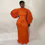 Fashion Pleated Round Neck Lantern Sleeve Pleated Dress YF-10977