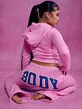 Casual Letter Print Zip-up Hooded Jacket and Trousers Set XS-2067