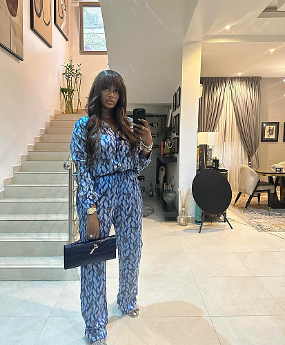 Blue Printed Cardigan Shirt and Wide-Leg Pants Two-Piece Set QZ-3926