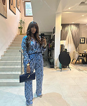 Blue Printed Cardigan Shirt and Wide-Leg Pants Two-Piece Set QZ-3926 Blue Printed Cardigan Shirt and Wide-Leg Pants Two-Piece Set QZ-3926