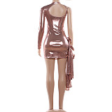 Fashionable Glossy Single-Sleeve Patchwork Tie-Waist Slim-Fit Dress SXE-90439