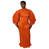 Fashion Pleated Round Neck Lantern Sleeve Pleated Dress YF-10977