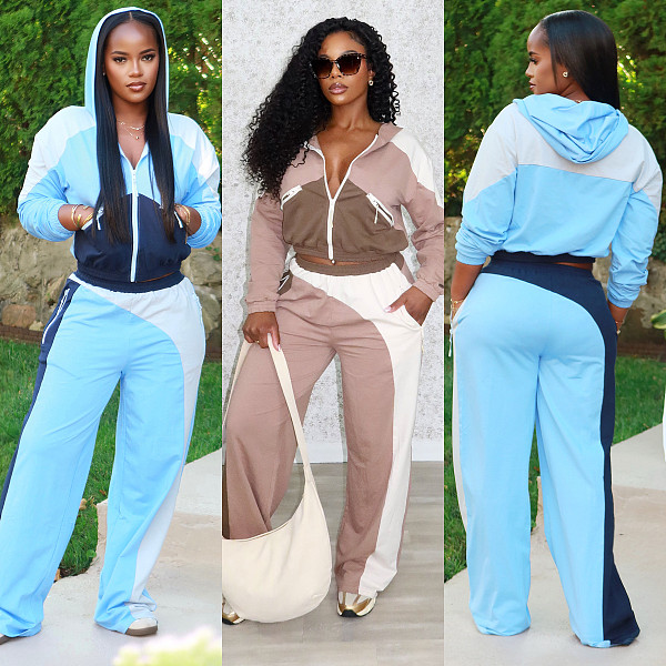Stylish Color-block Zip-up Cardigan and Wide-leg Pants Two-piece Set RS-391431