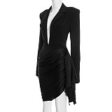 Sexy Deep V-neck Ruched Long-Sleeved Waist-Defining Blazer Dress RS-25DS432