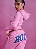 Casual Letter Print Zip-up Hooded Jacket and Trousers Set XS-2067