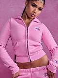 Casual Letter Print Zip-up Hooded Jacket and Trousers Set XS-2067