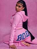 Casual Letter Print Zip-up Hooded Jacket and Trousers Set XS-2067