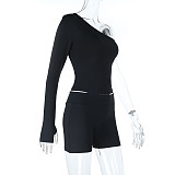 Sexy Off-Shoulder Long-Sleeve Sports Crop Top and Shorts Set SUM-25427