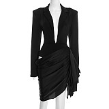 Sexy Deep V-neck Ruched Long-Sleeved Waist-Defining Blazer Dress RS-25DS432