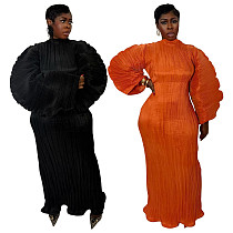 Fashion Pleated Round Neck Lantern Sleeve Pleated Dress YF-10977