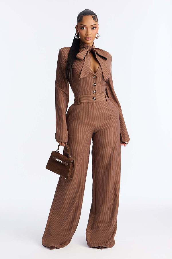 Fashionable Wide-Leg Jumpsuit With Tie and Bow Detail OSM-4496