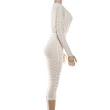 Sexy Solid Color Ruched Patchwork Long-Sleeved Top and Low-Waist Skinny Shorts Set DLS-90676