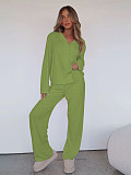 Casual Home Wear Long-Sleeved Lapel Single-Breasted Top and Straight-Leg Pants Set RS-T116